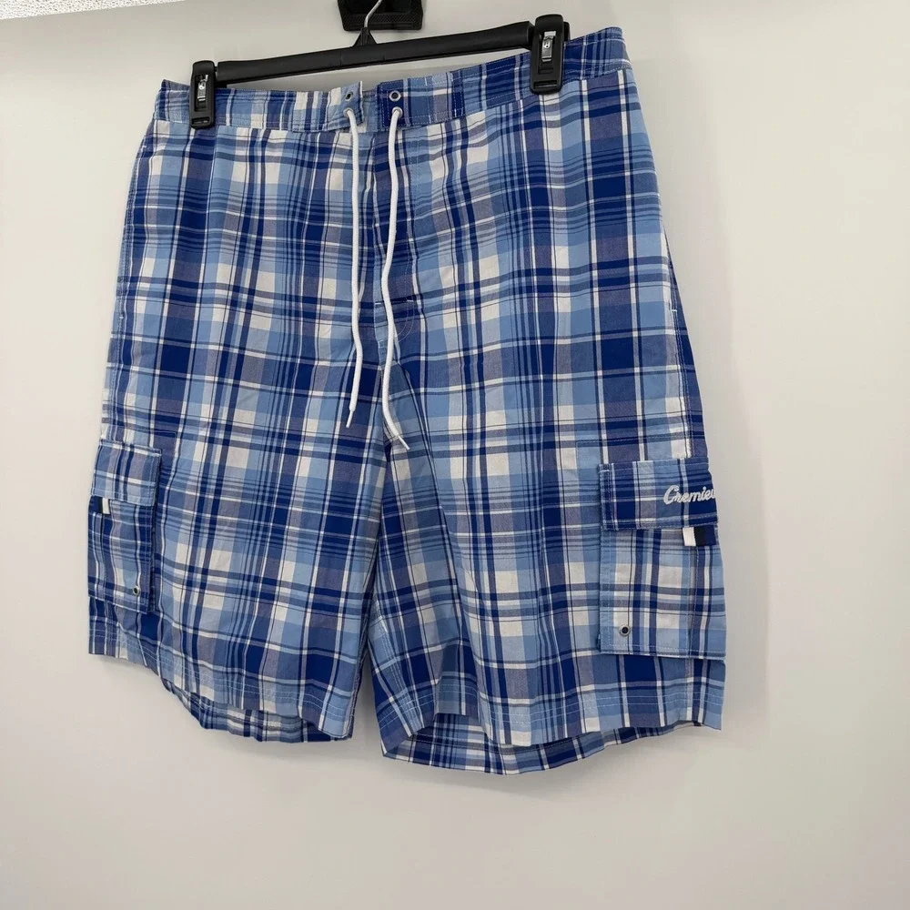 Cremieux Beach Wear Mens Blue Plaid Cargo Swim Trunks Shorts Size XL